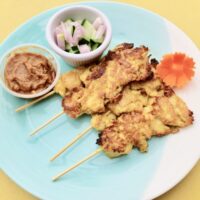 Vegan Chicken Satay skewers on a plate