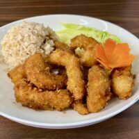 fried veggie shrimp on a plate with rice