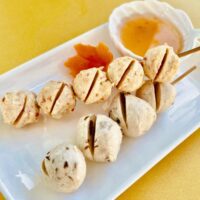 vegan shrimp and mushroom balls in a skewer stick